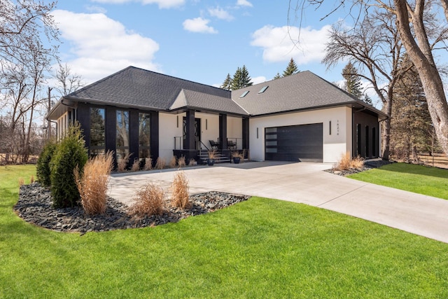 16216 Gleason Lake Rd, Minnetonka, MN 55391 - view of front of house with stucco siding, concrete driveway, a front lawn, covered porch, and an attached garage