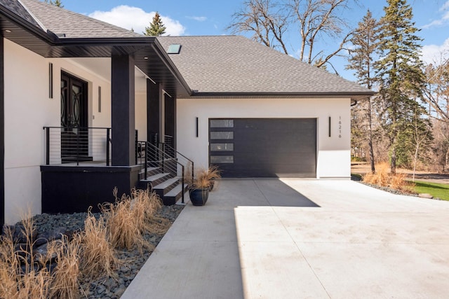 16216 Gleason Lake Rd, Minnetonka, MN 55391 - view of property exterior featuring driveway, stucco siding, an attached garage, roof with shingles, and a porch