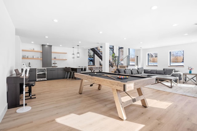 16216 Gleason Lake Rd, Minnetonka, MN 55391 - playroom with wet bar, beverage cooler, billiards, light wood-style floors, and recessed lighting