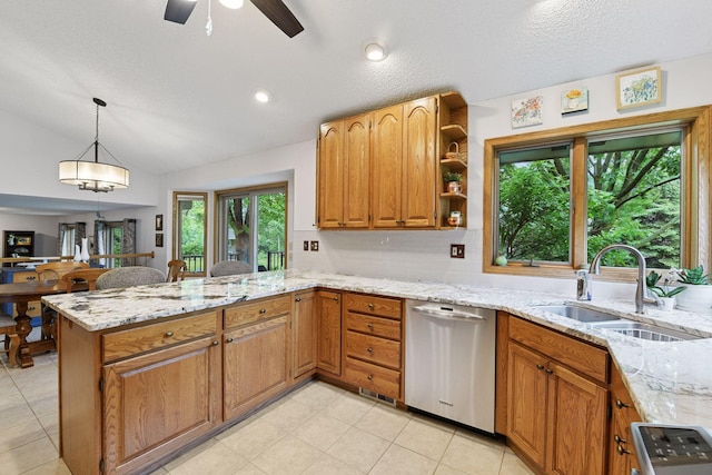 1378 Dunsmore Dr, Waconia, MN 55387 - kitchen with a sink, dishwasher, a peninsula, a ceiling fan, and light stone countertops