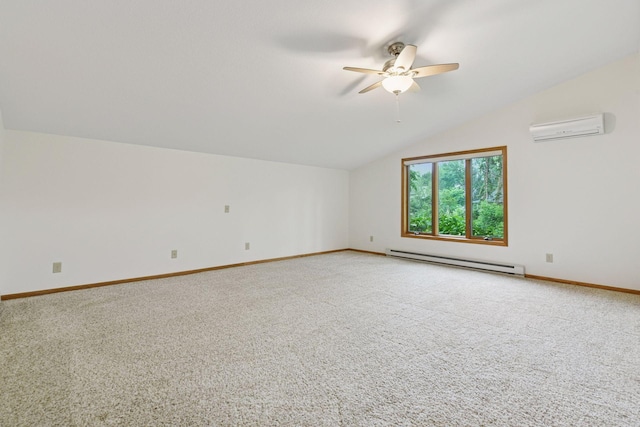 1378 Dunsmore Dr, Waconia, MN 55387 - additional living space with baseboard heating, a wall unit AC, lofted ceiling, a ceiling fan, and carpet floors