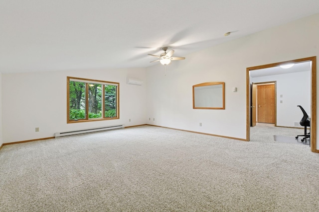 1378 Dunsmore Dr, Waconia, MN 55387 - carpeted spare room featuring a baseboard heating unit, baseboards, a ceiling fan, lofted ceiling, and a wall unit AC