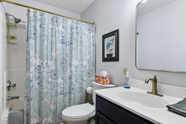 1378 Dunsmore Dr, Waconia, MN 55387 - bathroom with vanity, toilet, shower / bath combo with shower curtain, and a textured ceiling