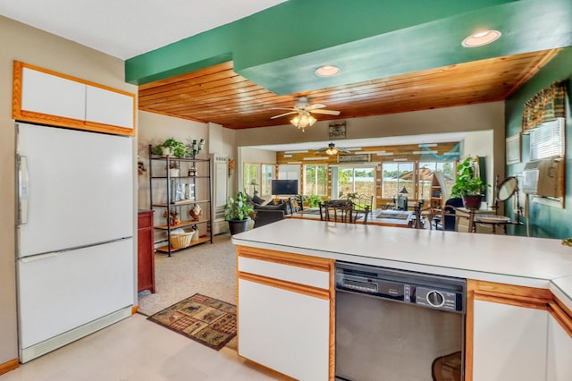 25934 Brolin Beach Rd, Detroit Twp, MN 56501 - kitchen with freestanding refrigerator, dishwashing machine, a ceiling fan, wooden ceiling, and open floor plan