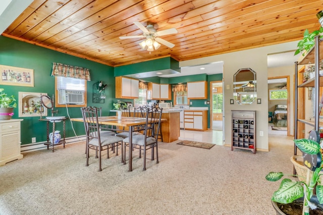 25934 Brolin Beach Rd, Detroit Twp, MN 56501 - dining space with wooden ceiling, carpet flooring, ceiling fan, cooling unit, and crown molding