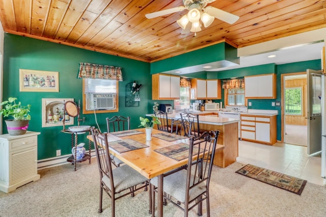 25934 Brolin Beach Rd, Detroit Twp, MN 56501 - dining space with wood ceiling, ceiling fan, cooling unit, light carpet, and a baseboard heating unit