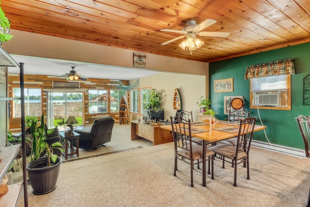 25934 Brolin Beach Rd, Detroit Twp, MN 56501 - carpeted dining room with a ceiling fan, wooden ceiling, cooling unit, a baseboard heating unit, and a desk