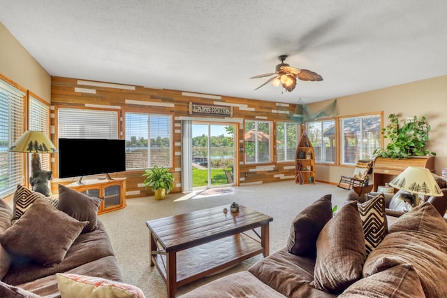 25934 Brolin Beach Rd, Detroit Twp, MN 56501 - living area featuring carpet, a ceiling fan, wood walls, and a textured ceiling