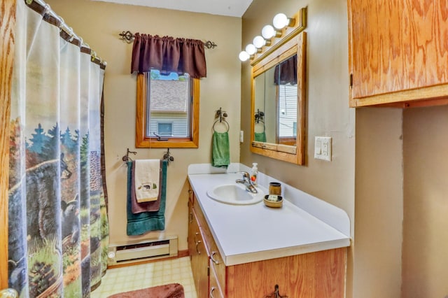 25934 Brolin Beach Rd, Detroit Twp, MN 56501 - full bathroom with a baseboard radiator, vanity, tile patterned floors, and a shower with shower curtain