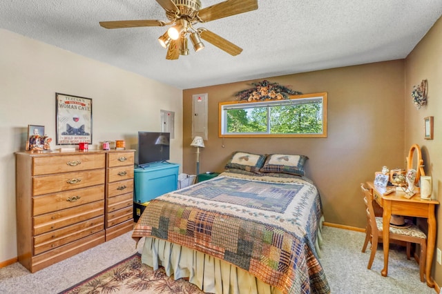 25934 Brolin Beach Rd, Detroit Twp, MN 56501 - bedroom featuring carpet flooring, a textured ceiling, a ceiling fan, and baseboards