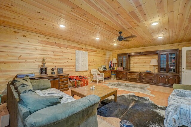 17690 Clayton Ave E, Vermillion Twp, MN 55068 - living room with wooden ceiling, ceiling fan, wooden walls, wood finished floors, and recessed lighting