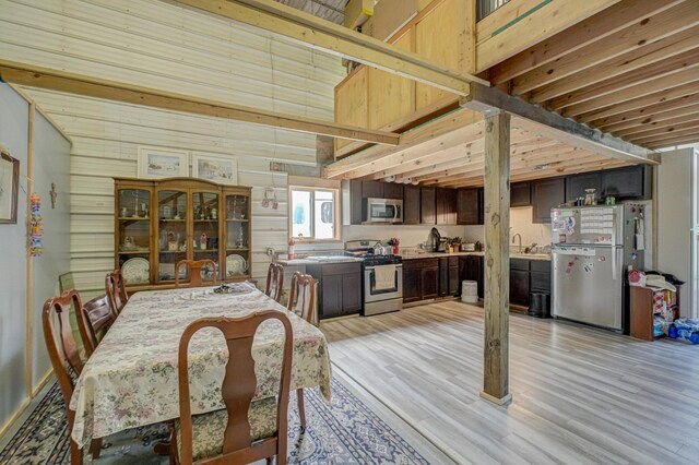 17690 Clayton Ave E, Vermillion Twp, MN 55068 - dining room featuring light wood-type flooring and wooden walls