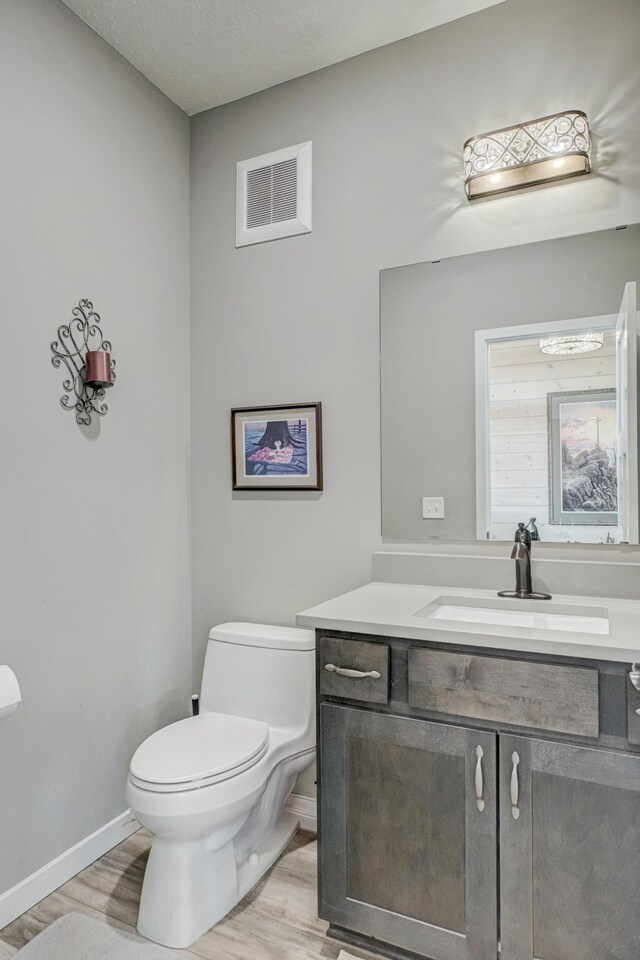 17690 Clayton Ave E, Vermillion Twp, MN 55068 - bathroom featuring baseboards, toilet, wood finished floors, vanity, and a textured ceiling
