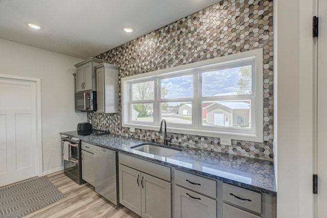 17690 Clayton Ave E, Vermillion Twp, MN 55068 - kitchen featuring appliances with stainless steel finishes, a sink, gray cabinets, backsplash, and dark stone counters