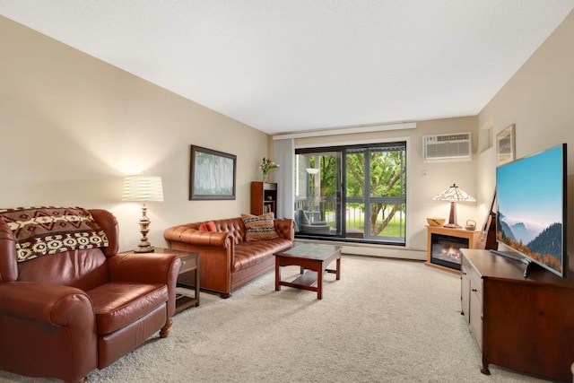 3461 Kent St Unit 1104, Shoreview, MN 55126 - living room with a wall unit AC, light colored carpet, a glass covered fireplace, and a baseboard heating unit