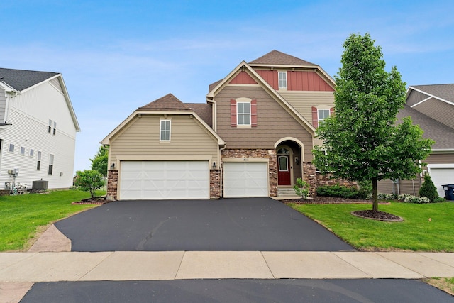 14111 Abercorn Ave, Rosemount, MN 55068 - craftsman inspired home featuring stone siding, driveway, central air condition unit, board and batten siding, and a front lawn