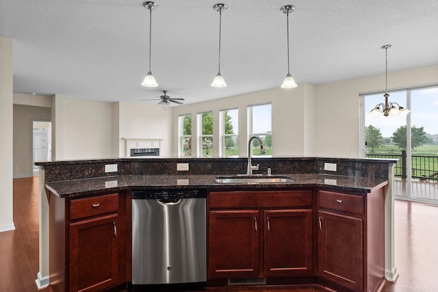 14111 Abercorn Ave, Rosemount, MN 55068 - kitchen with dishwasher, a sink, open floor plan, reddish brown cabinets, and wood finished floors