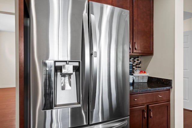14111 Abercorn Ave, Rosemount, MN 55068 - kitchen with stainless steel refrigerator with ice dispenser, decorative backsplash, wood finished floors, and baseboards