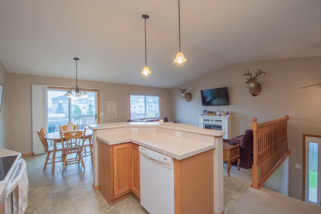 1810 41st Ave S, Moorhead, MN 56560 - kitchen featuring white appliances, light countertops, lofted ceiling, pendant lighting, and a center island