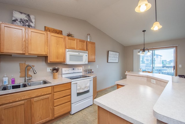 1810 41st Ave S, Moorhead, MN 56560 - kitchen featuring white appliances, a sink, vaulted ceiling, light countertops, and pendant lighting
