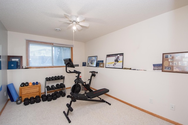 1810 41st Ave S, Moorhead, MN 56560 - workout area featuring carpet, baseboards, a ceiling fan, and a textured ceiling