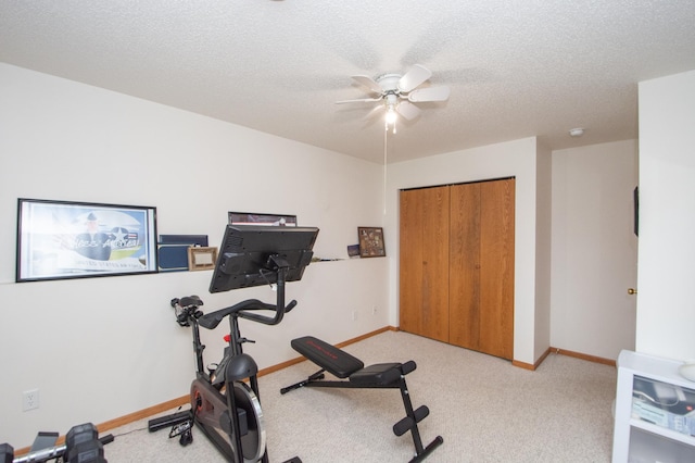 1810 41st Ave S, Moorhead, MN 56560 - exercise room with a ceiling fan, baseboards, a textured ceiling, and carpet flooring