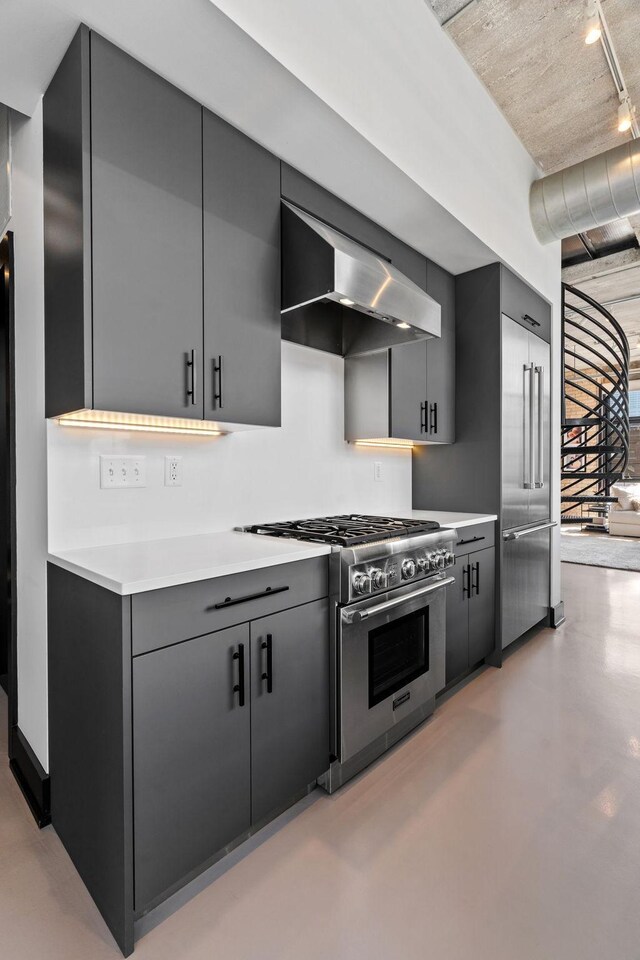 525 3rd St N Unit 511, Minneapolis, MN 55401 - kitchen featuring premium appliances, wall chimney range hood, track lighting, light countertops, and gray cabinets