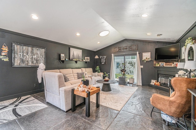 506 8th Ave SW, Pipestone, MN 56164 - living room with lofted ceiling, a glass covered fireplace, recessed lighting, and baseboards