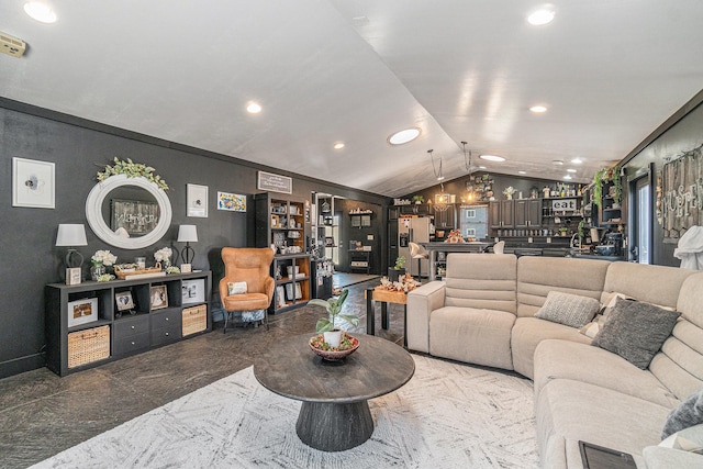 506 8th Ave SW, Pipestone, MN 56164 - living room featuring vaulted ceiling, recessed lighting, and marble finish floors