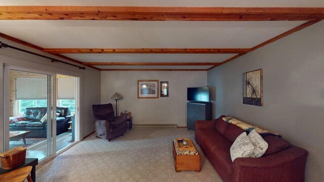48408 Pillar Rd, Deer River, MN 56631 - living room featuring light colored carpet and beamed ceiling