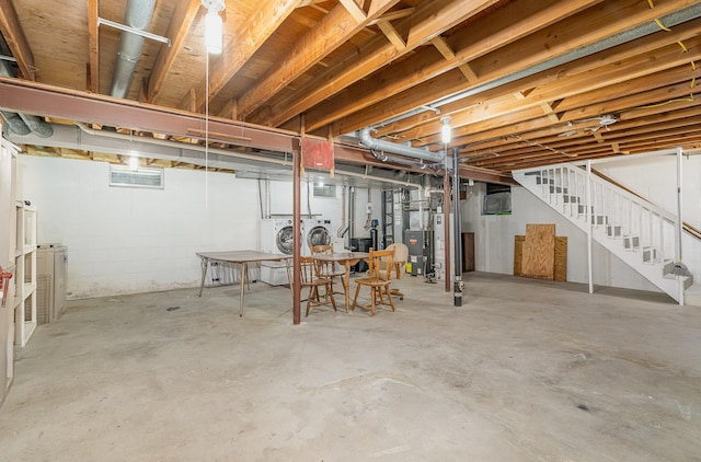 4248 Westview Dr, Shoreview, MN 55126 - unfinished basement featuring stairway, washing machine and dryer, and heating unit