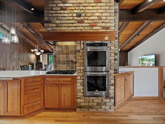 2725 Pilgrim Ln N, Plymouth, MN 55441 - kitchen featuring double oven, a wooden ceiling with exposed beams, light wood finished floors, light countertops, and pendant lighting