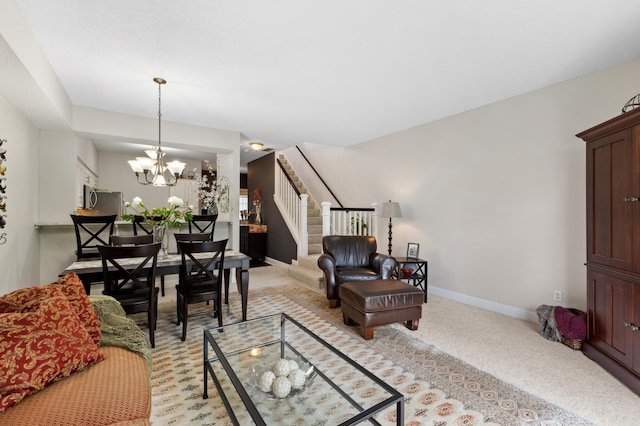 2244 Water Lilly Ln Unit 405, Eagan, MN 55122 - living area with stairway, light colored carpet, a chandelier, and baseboards