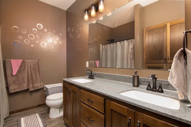 411 Ladd Ln, Osceola, WI 54020 - bathroom with double vanity, wood finished floors, and a shower with curtain