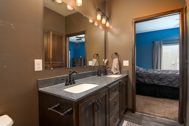 411 Ladd Ln, Osceola, WI 54020 - full bathroom featuring connected bathroom, wood finished floors, double vanity, and a ceiling fan