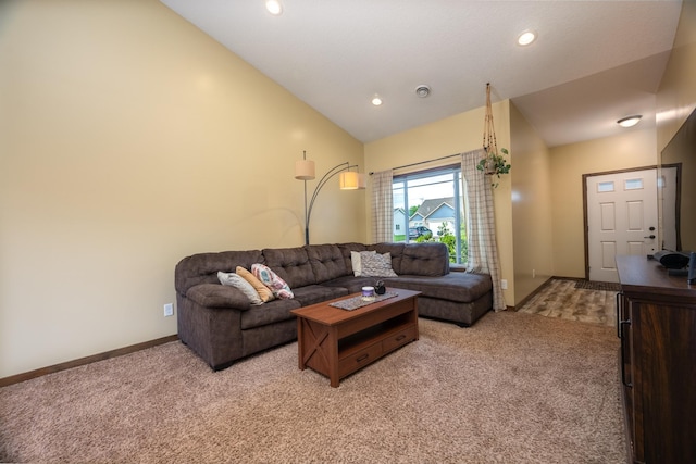 411 Ladd Ln, Osceola, WI 54020 - living room featuring light carpet, lofted ceiling, and recessed lighting