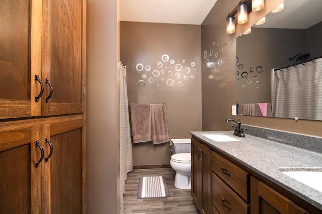 411 Ladd Ln, Osceola, WI 54020 - bathroom with double vanity, wood finished floors, and a shower with shower curtain