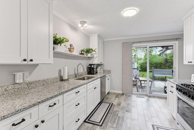 2505 Florida Ave N, Golden Valley, MN 55427 - kitchen with a sink, stainless steel appliances, light wood-type flooring, open shelves, and white cabinetry