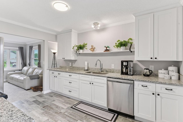 2505 Florida Ave N, Golden Valley, MN 55427 - kitchen featuring dishwasher, a sink, open shelves, white cabinets, and ornamental molding