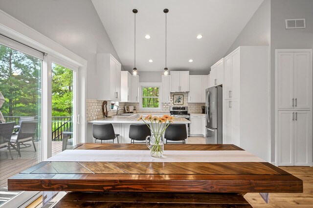 975 100th St NE, Monticello Twp, MN 55362 - kitchen with lofted ceiling, stainless steel appliances, light wood-type flooring, backsplash, and a peninsula