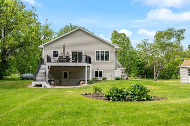 975 100th St NE, Monticello Twp, MN 55362 - rear view of property featuring stairs, a deck, and a lawn