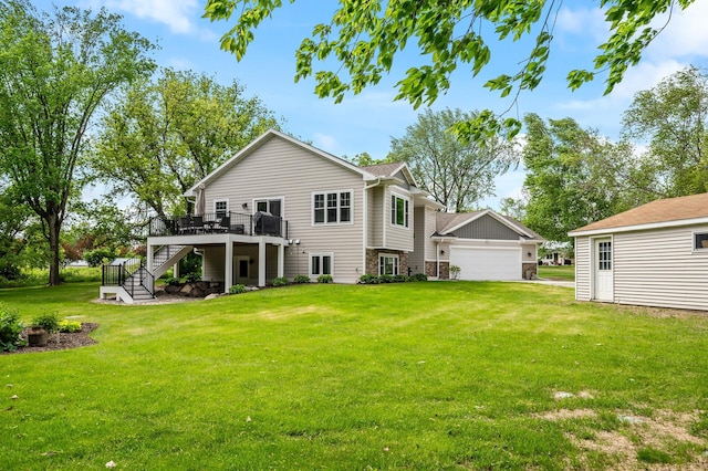 975 100th St NE, Monticello Twp, MN 55362 - rear view of property with stairway, a wooden deck, a lawn, and stone siding