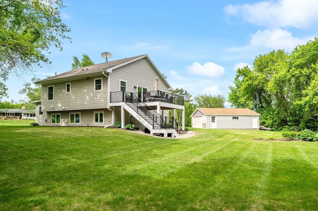 975 100th St NE, Monticello Twp, MN 55362 - rear view of property with a garage, stairs, a wooden deck, an outdoor structure, and a lawn