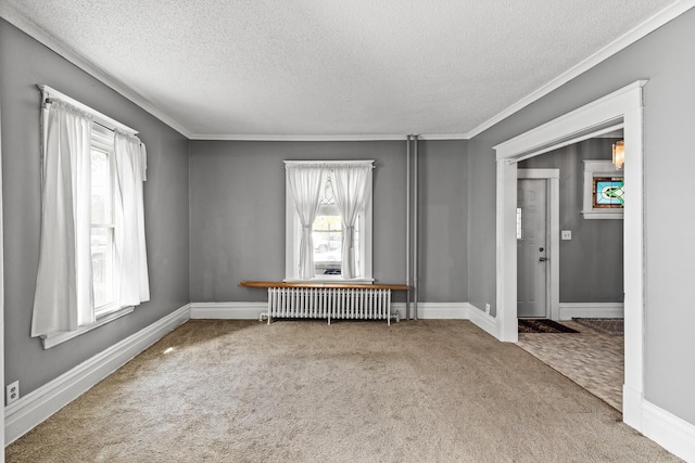 2745 Columbus Ave, Minneapolis, MN 55407 - empty room with radiator, carpet flooring, a textured ceiling, plenty of natural light, and crown molding