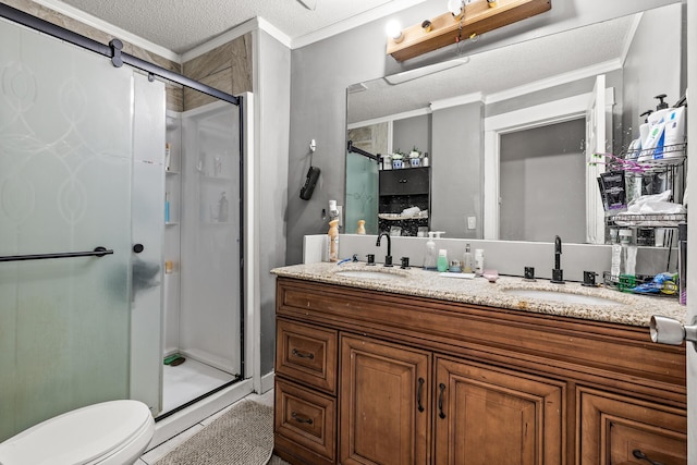 2745 Columbus Ave, Minneapolis, MN 55407 - full bathroom featuring ornamental molding, a shower stall, a textured ceiling, double vanity, and toilet