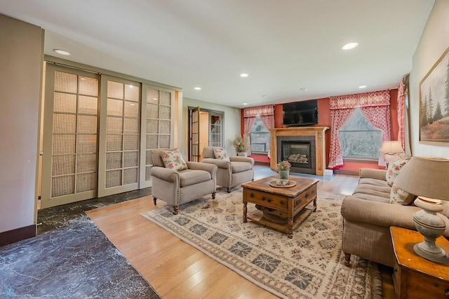 8416 141st Ave SE, Milnor, ND 58060 - living area featuring a glass covered fireplace, recessed lighting, and wood finished floors