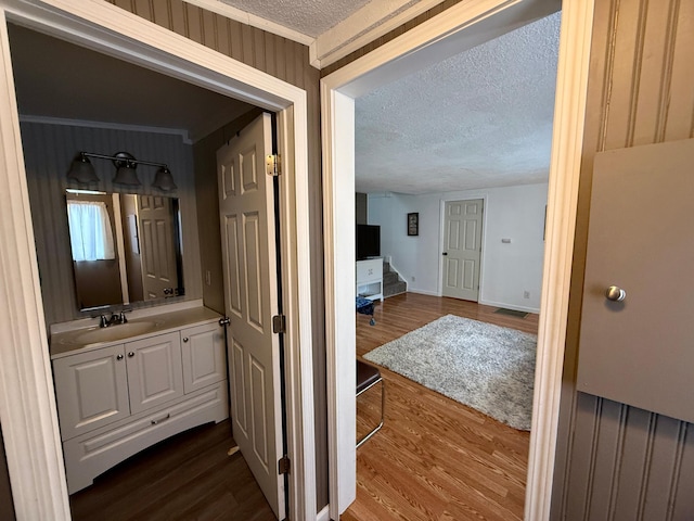 4231 Teal Ln NE, Bemidji, MN 56601 - hall featuring a textured ceiling, a sink, dark wood-type flooring, ornamental molding, and baseboards