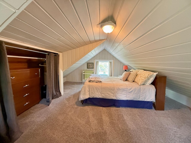 4231 Teal Ln NE, Bemidji, MN 56601 - bedroom with carpet, wooden ceiling, lofted ceiling, and wooden walls