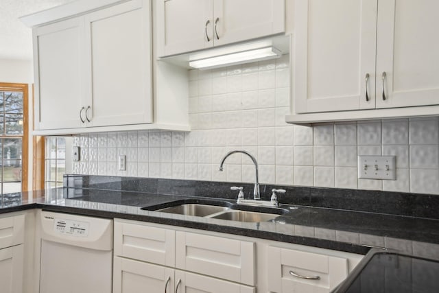 4311 Pond View Dr, White Bear Twp, MN 55110 - kitchen with white dishwasher, a sink, backsplash, and dark stone countertops
