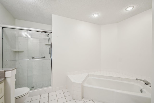 4311 Pond View Dr, White Bear Twp, MN 55110 - full bathroom with toilet, a textured ceiling, tile patterned floors, a garden tub, and a stall shower